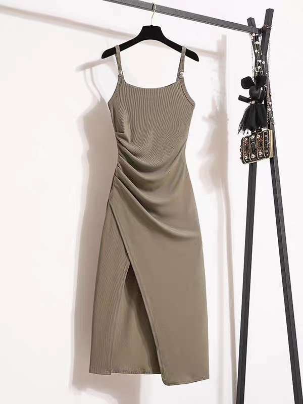 16002#Khaki Strapless Ruched Side Slit Bodycon Mini Dress