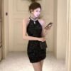 16003#Black Halter Neck Ruched Bodycon Mini Dress