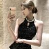 16003#Black Halter Neck Ruched Bodycon Mini Dress