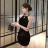 16003#Black Halter Neck Ruched Bodycon Mini Dress