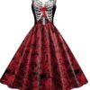 16005#Skeleton Ribcage & Red Rose Print Sweetheart Swing Dress