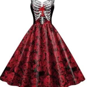 16005#Skeleton Ribcage & Red Rose Print Sweetheart Swing Dress