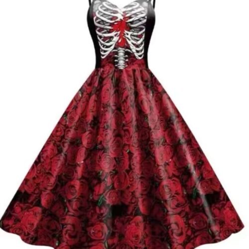 16005#Skeleton Ribcage & Red Rose Print Sweetheart Swing Dress