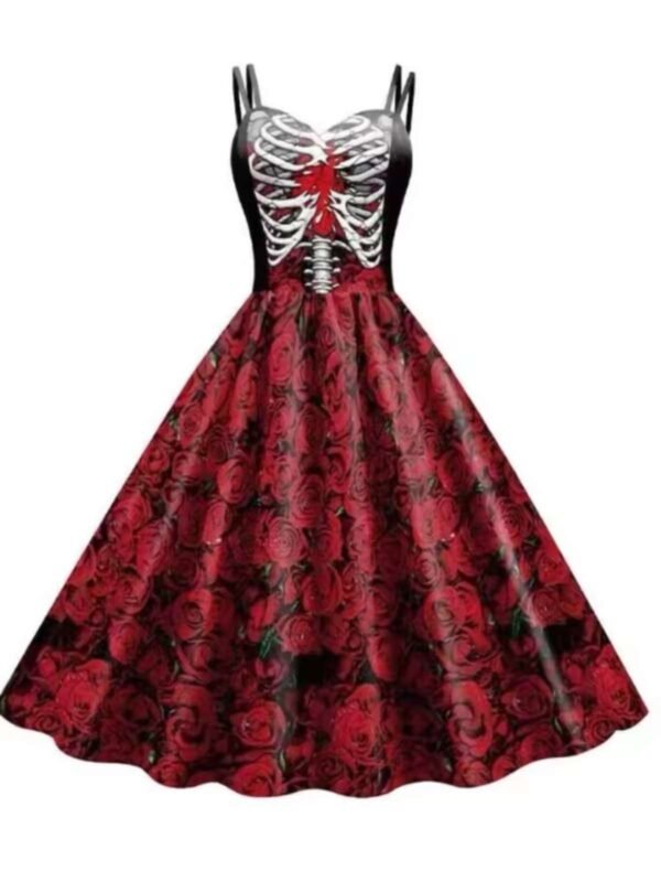 16005#Skeleton Ribcage & Red Rose Print Sweetheart Swing Dress