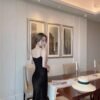 16007# Black Satin Cowl-Neck Sleeveless Midi Slip Dress