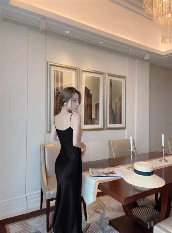 16007# Black Satin Cowl-Neck Sleeveless Midi Slip Dress