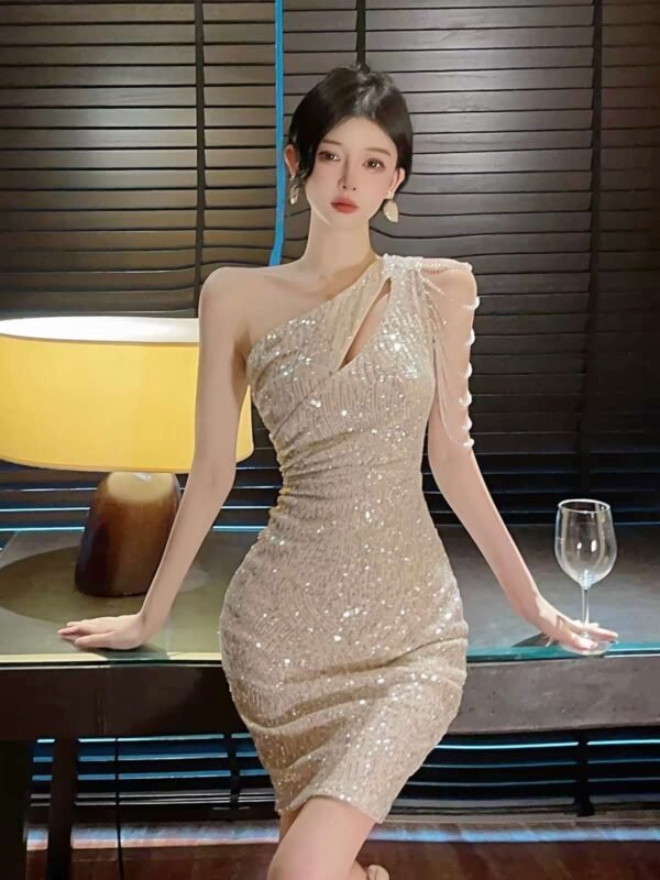 16008#Beige One-Shoulder Ruched Bodycon Mini Dress