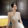 16008#Beige One-Shoulder Ruched Bodycon Mini Dress