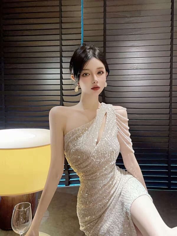16008#Beige One-Shoulder Ruched Bodycon Mini Dress