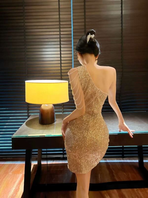 16008#Beige One-Shoulder Ruched Bodycon Mini Dress