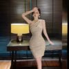 16008#Beige One-Shoulder Ruched Bodycon Mini Dress
