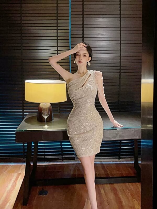 16008#Beige One-Shoulder Ruched Bodycon Mini Dress