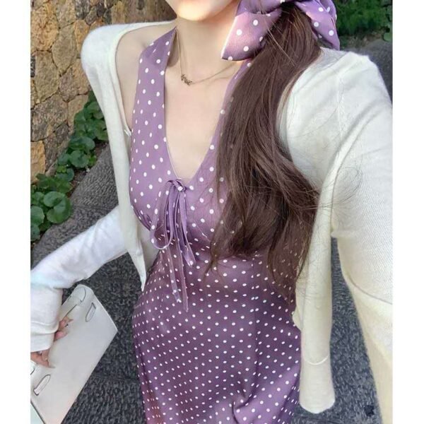 16009#Lavender Halter Neck Knit Sleeveless Midi Dress