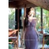 16009#Lavender Halter Neck Knit Sleeveless Midi Dress