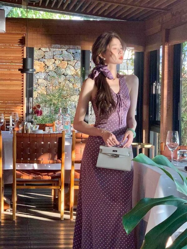 16009#Lavender Halter Neck Knit Sleeveless Midi Dress