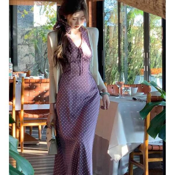 16009#Lavender Halter Neck Knit Sleeveless Midi Dress