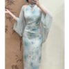 16029#Light Blue Floral Qipao — Modern Sleeveless Cheongsam with Shawl