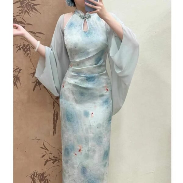 16029#Light Blue Floral Qipao — Modern Sleeveless Cheongsam with Shawl