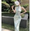 16029#Light Blue Floral Qipao — Modern Sleeveless Cheongsam with Shawl