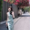 16029#Light Blue Floral Qipao — Modern Sleeveless Cheongsam with Shawl