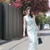 16029#Light Blue Floral Qipao — Modern Sleeveless Cheongsam with Shawl