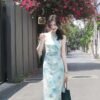 16029#Light Blue Floral Qipao — Modern Sleeveless Cheongsam with Shawl
