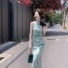 16029#Light Blue Floral Qipao — Modern Sleeveless Cheongsam with Shawl