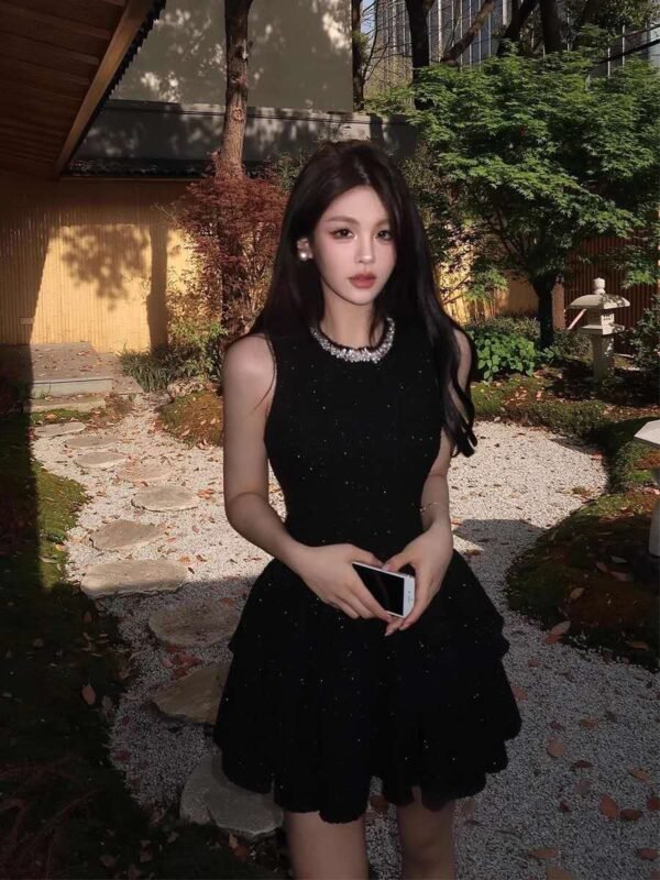 16040#Black Sleeveless Ruffled Tiered Mini Dress
