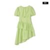 160134#Lime Green Puff-Sleeve Asymmetrical Tiered Mini Dress