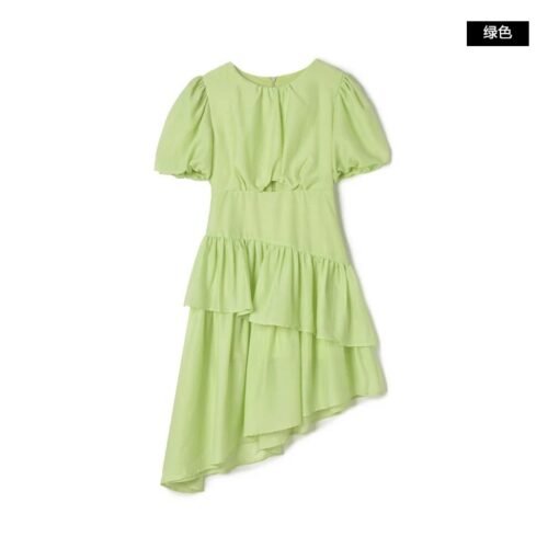 160134#Lime Green Puff-Sleeve Asymmetrical Tiered Mini Dress