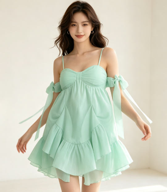 160135#Mint Green Off-Shoulder Ruffled Tiered Mini Dress