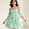 160135#Mint Green Off-Shoulder Ruffled Tiered Mini Dress