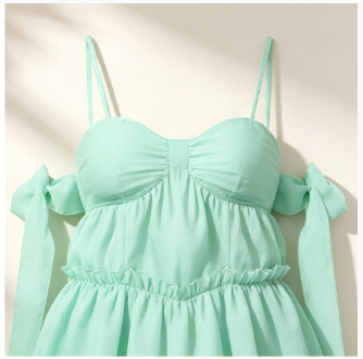 160135#Mint Green Off-Shoulder Ruffled Tiered Mini Dress