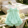 160135#Mint Green Off-Shoulder Ruffled Tiered Mini Dress