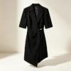 160137#Black Short-Sleeve Wrap Blazer Dress with Decorative Waist Button