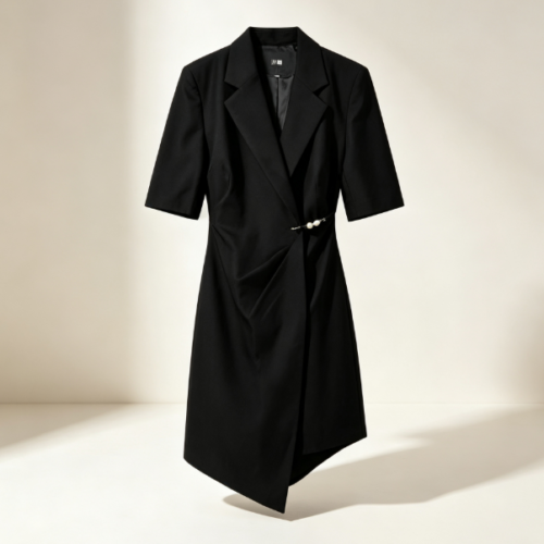 160137#Black Short-Sleeve Wrap Blazer Dress with Decorative Waist Button