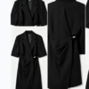160137#Black Short-Sleeve Wrap Blazer Dress with Decorative Waist Button