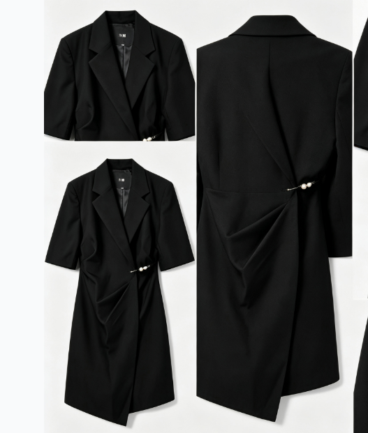 160137#Black Short-Sleeve Wrap Blazer Dress with Decorative Waist Button
