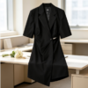 160137#Black Short-Sleeve Wrap Blazer Dress with Decorative Waist Button