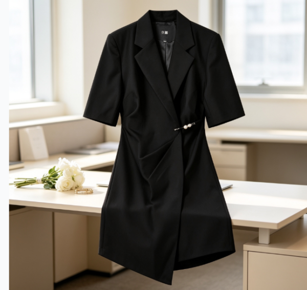 160137#Black Short-Sleeve Wrap Blazer Dress with Decorative Waist Button