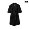 160137#Black Short-Sleeve Wrap Blazer Dress with Decorative Waist Button
