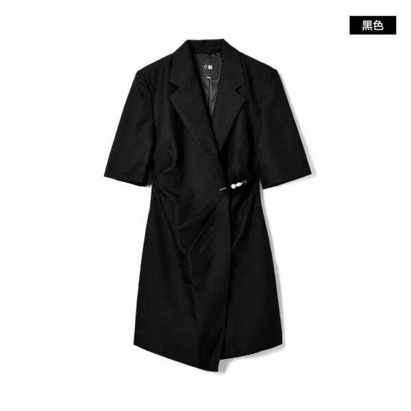 160137#Black Short-Sleeve Wrap Blazer Dress with Decorative Waist Button